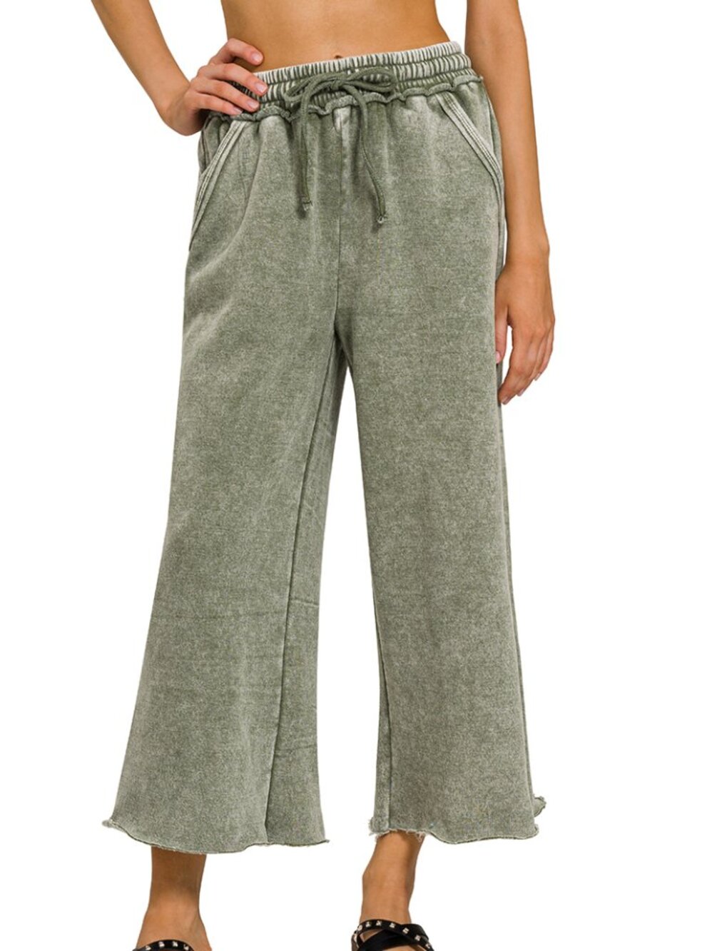 NTW Ladies Light Olive  Acid Wash Fleece Palazzo Drawstring Waist Sweatpants